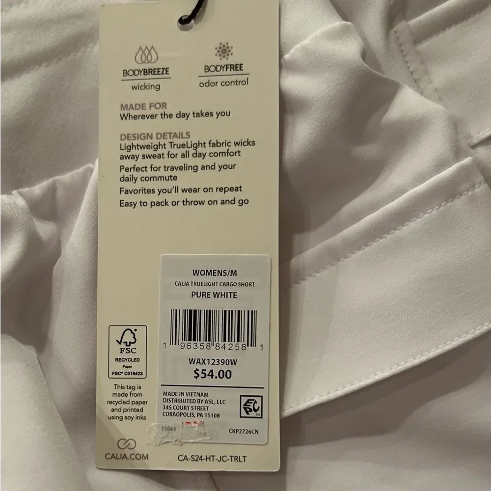 Calia Pure White Journey Collection MidRise Athletic Cargo short trulite fabric